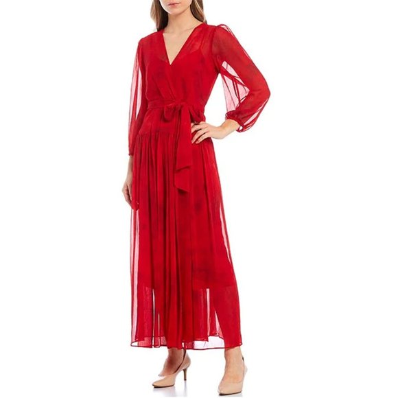 Calvin Klein Dresses & Skirts - NWT Calvin Klein Chiffon Tie Waist Maxi Dress Surplice V-Neck Long Sleeve Red 6